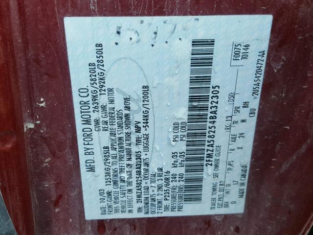 2FMZA58254BA32305 - 2004 FORD FREESTAR L RED photo 10