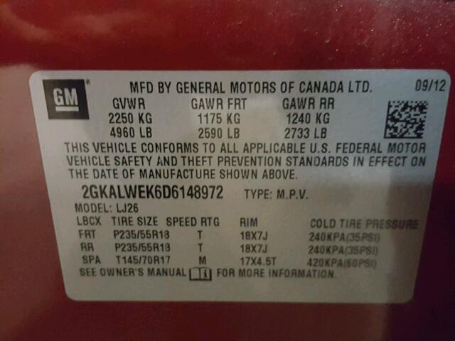 2GKALWEK6D6148972 - 2013 GMC TERRAIN SL MAROON photo 10