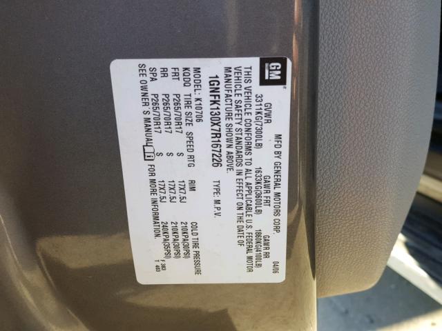 1GNFK130X7R167226 - 2007 CHEVROLET TAHOE K150 GRAY photo 10