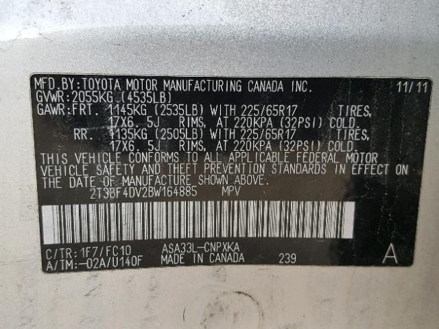 2T3BF4DV2BW164885 - 2011 TOYOTA RAV4 SILVER photo 10