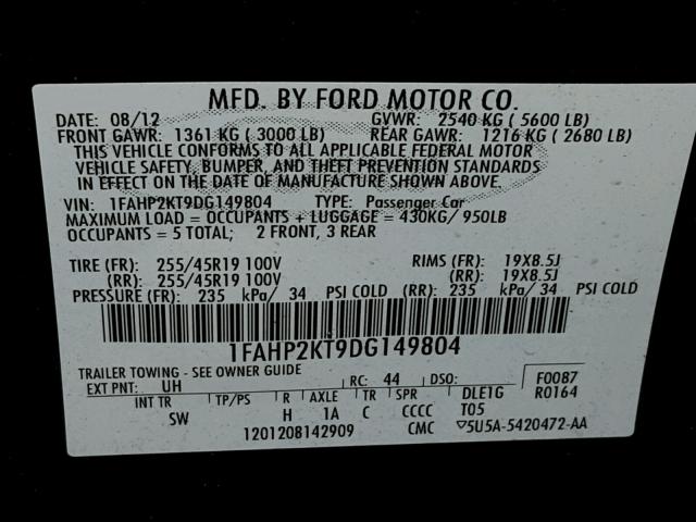 1FAHP2KT9DG149804 - 2013 FORD TAURUS SHO BLACK photo 10