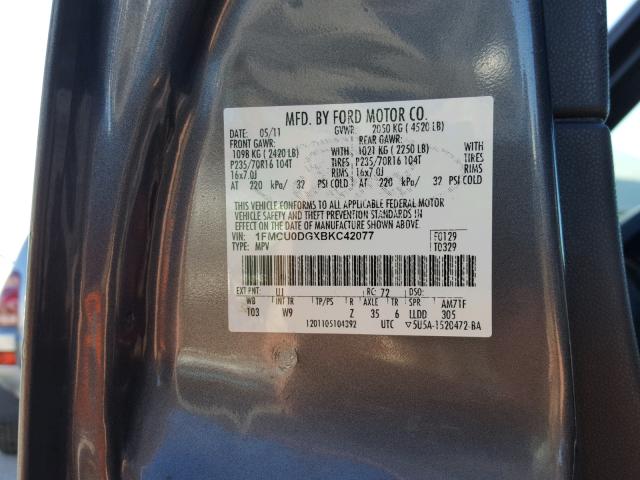 1FMCU0DGXBKC42077 - 2011 FORD ESCAPE XLT GRAY photo 10