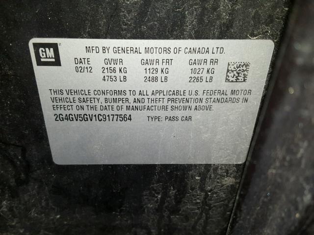 2G4GV5GV1C9177564 - 2012 BUICK REGAL GS BLACK photo 10