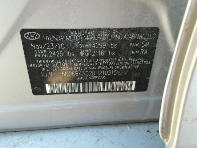 5NPEB4AC2BH210315 - 2011 HYUNDAI SONATA GLS SILVER photo 10