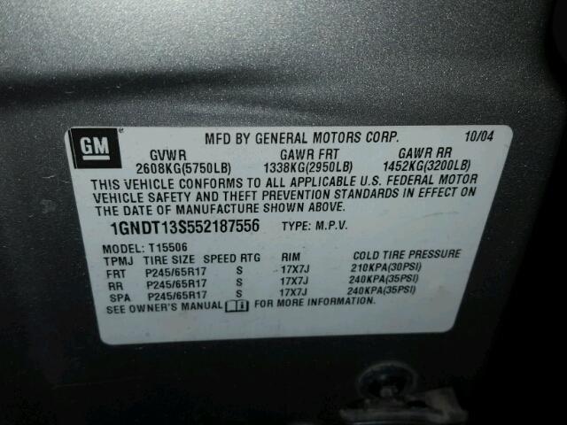 1GNDT13S552187556 - 2005 CHEVROLET TRAILBLAZE SILVER photo 10