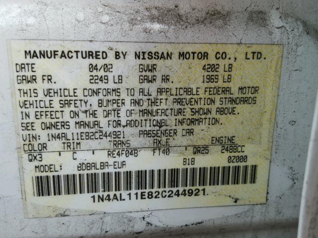 1N4AL11E82C244921 - 2002 NISSAN ALTIMA BAS WHITE photo 10