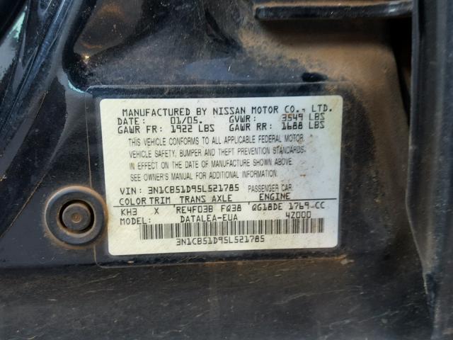 3N1CB51D95L521785 - 2005 NISSAN SENTRA 1.8 BLACK photo 10