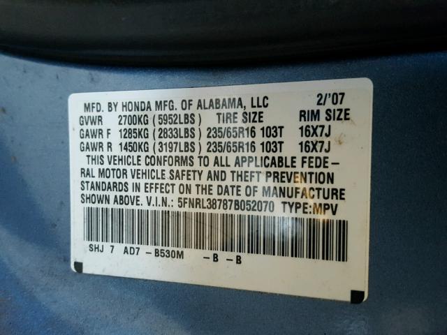 5FNRL38787B052070 - 2007 HONDA ODYSSEY EX BLUE photo 10