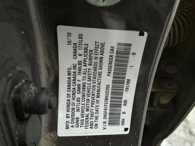 2HGFA1F57BH522205 - 2011 HONDA CIVIC LX CHARCOAL photo 10