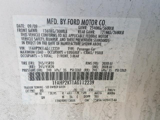 1FAHP2KT1AG112239 - 2010 FORD TAURUS SHO WHITE photo 10