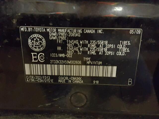 2T3ZK32V59W002606 - 2009 TOYOTA RAV4 SPORT BLACK photo 10