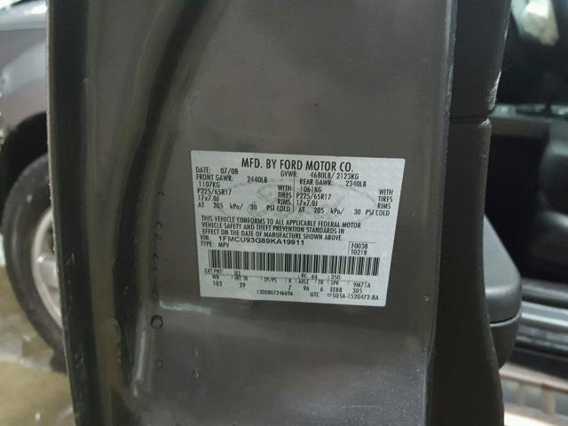 1FMCU93G89KA19911 - 2009 FORD ESCAPE XLT GRAY photo 10