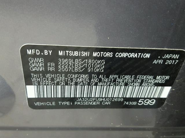 JA32U2FU9HU012699 - 2017 MITSUBISHI LANCER ES GRAY photo 10