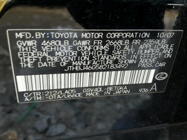 JTHBJ46G582183492 - 2008 LEXUS ES 350 BLACK photo 10