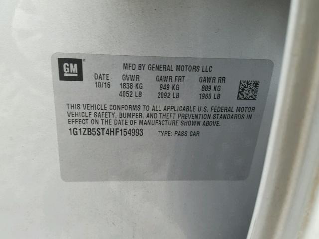 1G1ZB5ST4HF154993 - 2017 CHEVROLET MALIBU LS 银色 照片 10