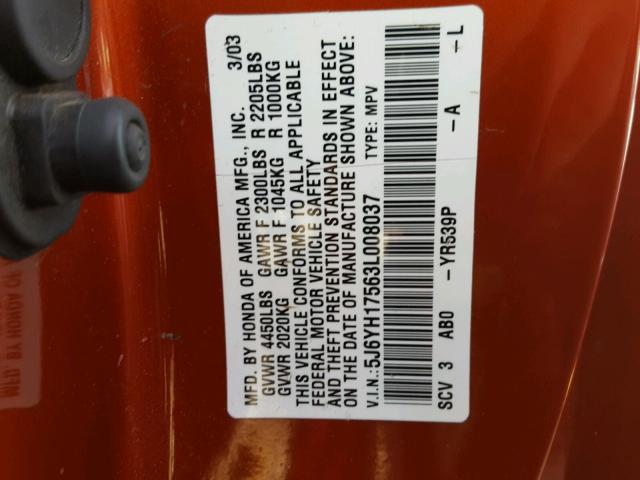 5J6YH17563L008037 - 2003 HONDA ELEMENT EX ORANGE photo 10