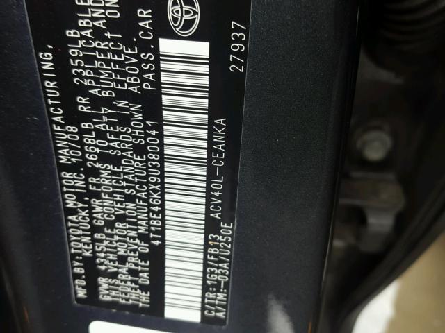 4T1BE46KX9U380041 - 2009 TOYOTA CAMRY BASE BLUE photo 10