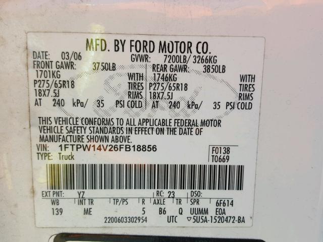 1FTPW14V26FB18856 - 2006 FORD F150 SUPER WHITE photo 10