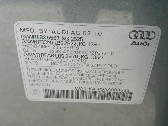 WA1LKAFP9AA083533 - 2010 AUDI Q5 PREMIUM SILVER photo 10