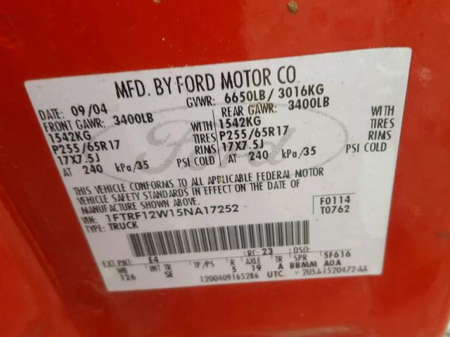 1FTRF12W15NA17252 - 2005 FORD F150 RED photo 10