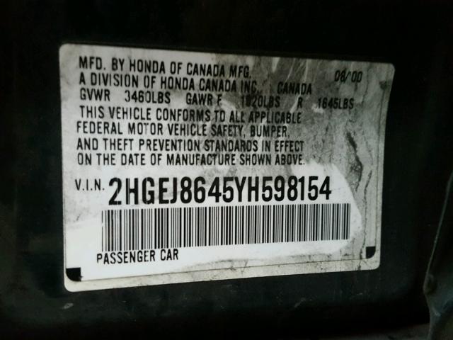 2HGEJ8645YH598154 - 2000 HONDA CIVIC EX მწვანე ფოტო 10