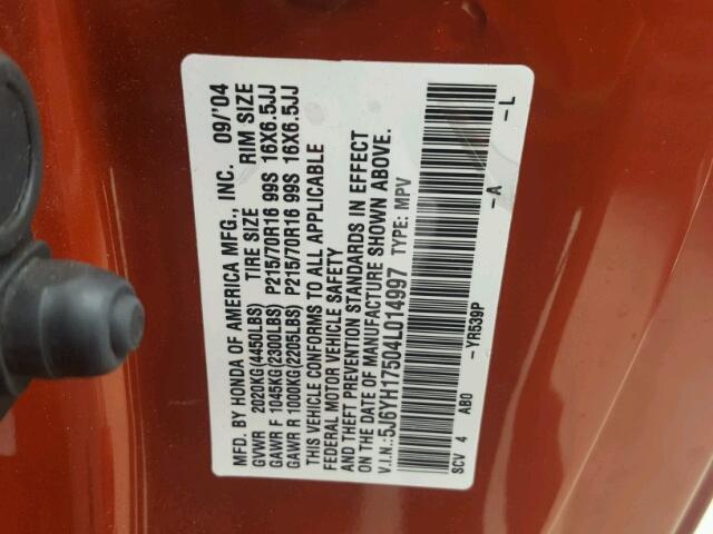 5J6YH17504L014997 - 2004 HONDA ELEMENT EX RED photo 10