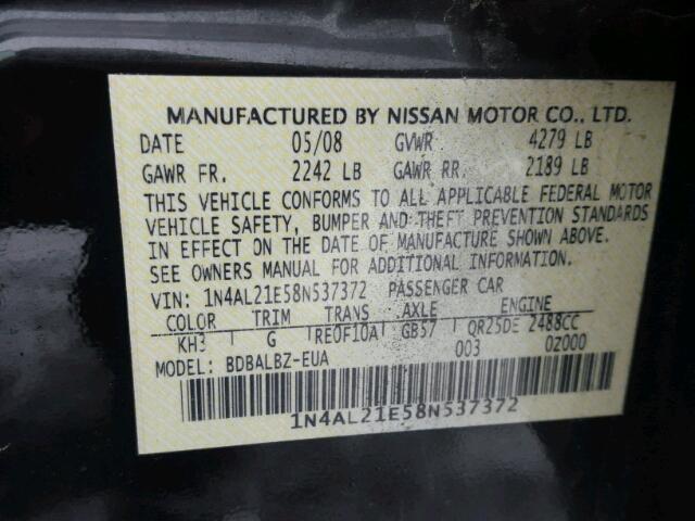 1N4AL21E58N537372 - 2008 NISSAN ALTIMA 2.5 BLACK photo 10