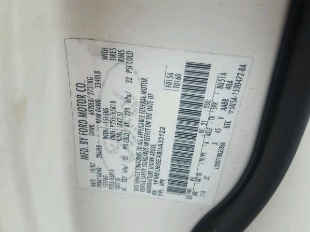 1FMEU65EX8UA33122 - 2008 FORD EXPLORER L WHITE photo 10