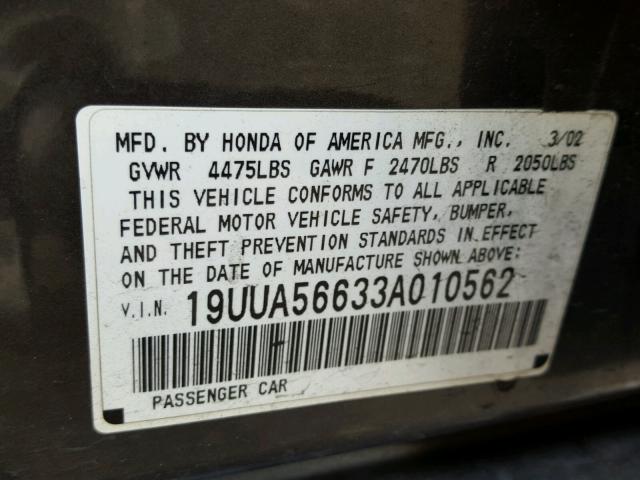 19UUA56633A010562 - 2003 ACURA 3.2TL GRAY photo 10