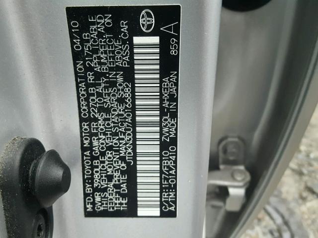 JTDKN3DU7A0166882 - 2010 TOYOTA PRIUS SILVER photo 10