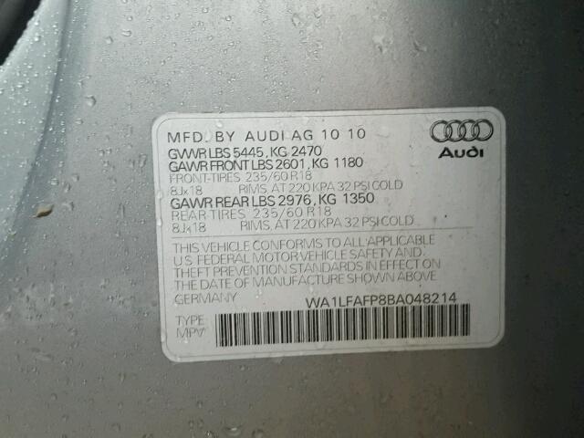 WA1LFAFP8BA048214 - 2011 AUDI Q5 PREMIUM SILVER photo 10