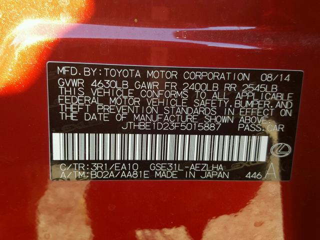 JTHBE1D23F5015887 - 2015 LEXUS IS 350 RED photo 10