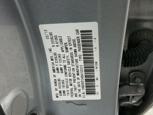 1HGCR2F34DA150212 - 2013 HONDA ACCORD LX SILVER photo 10