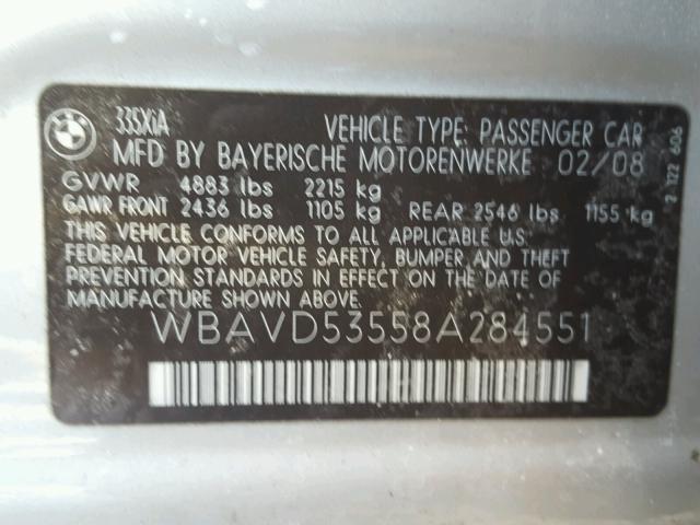 WBAVD53558A284551 - 2008 BMW 335 XI SILVER photo 10