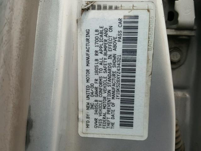 1Y1SK528XYZ434321 - 2000 CHEVROLET GEO PRIZM 银色 照片 10