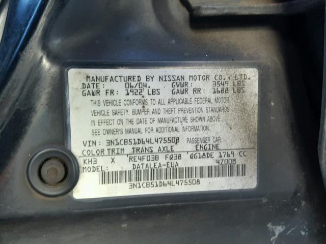 3N1CB51D64L475508 - 2004 NISSAN SENTRA 1.8 BLACK photo 10