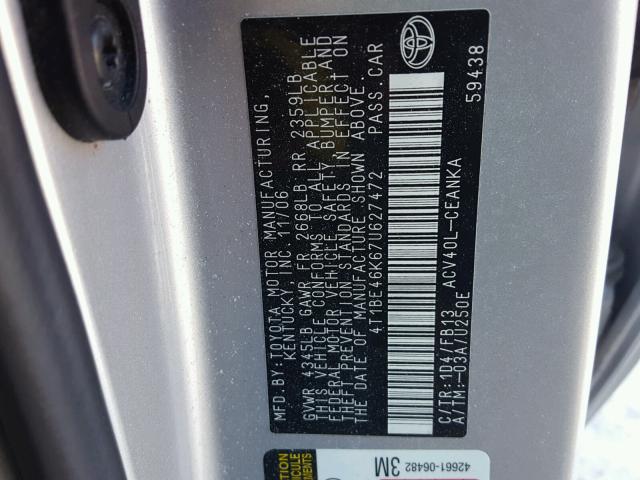 4T1BE46K67U627472 - 2007 TOYOTA CAMRY NEW SILVER photo 10