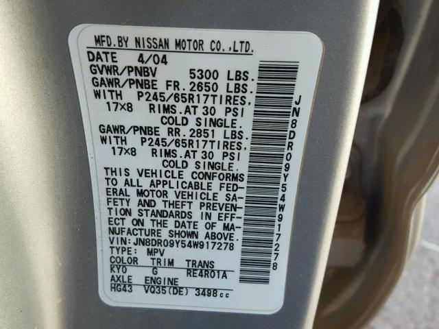 JN8DR09Y54W917278 - 2004 NISSAN PATHFINDER SILVER photo 10