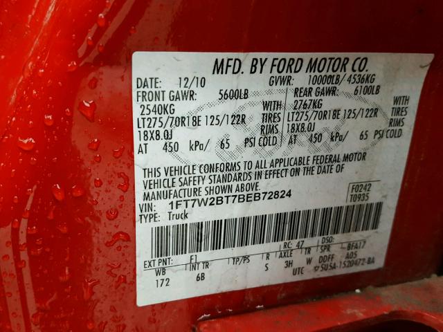 1FT7W2BT7BEB72824 - 2011 FORD F250 SUPER RED photo 10