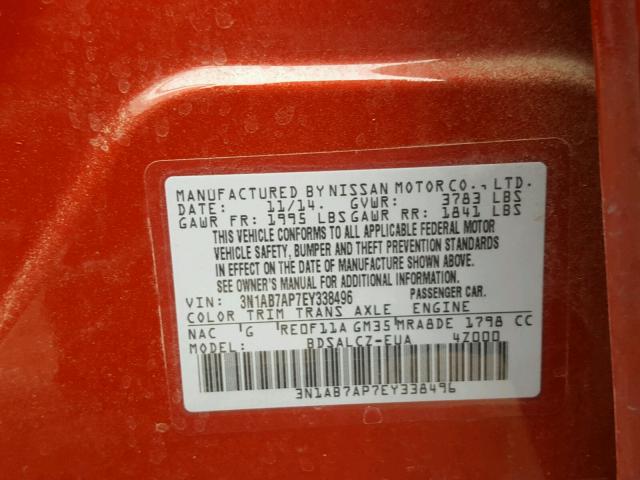 3N1AB7AP7EY338496 - 2014 NISSAN SENTRA S RED photo 10