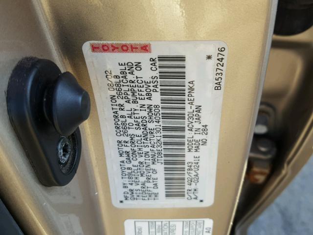 JTDBE32K130140508 - 2003 TOYOTA CAMRY LE GOLD photo 10