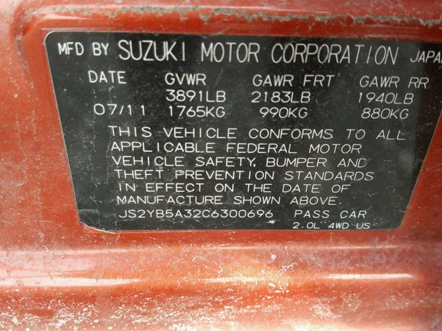 JS2YB5A32C6300696 - 2012 SUZUKI SX4 BASE ORANGE photo 10