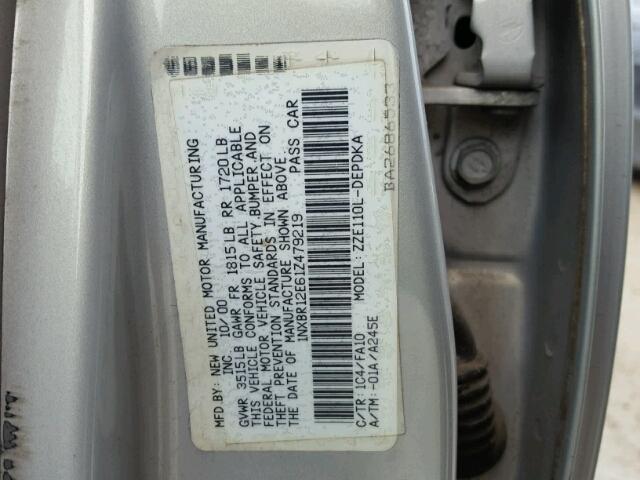 1NXBR12E61Z479219 - 2001 TOYOTA COROLLA CE GRAY photo 10