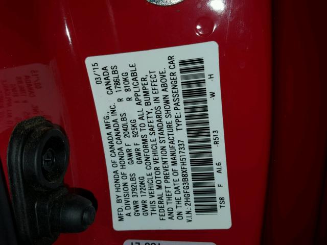 2HGFG3B8XFH517337 - 2015 HONDA CIVIC EX RED photo 10