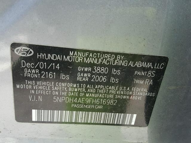 5NPDH4AE9FH616982 - 2015 HYUNDAI ELANTRA SE GRAY photo 10