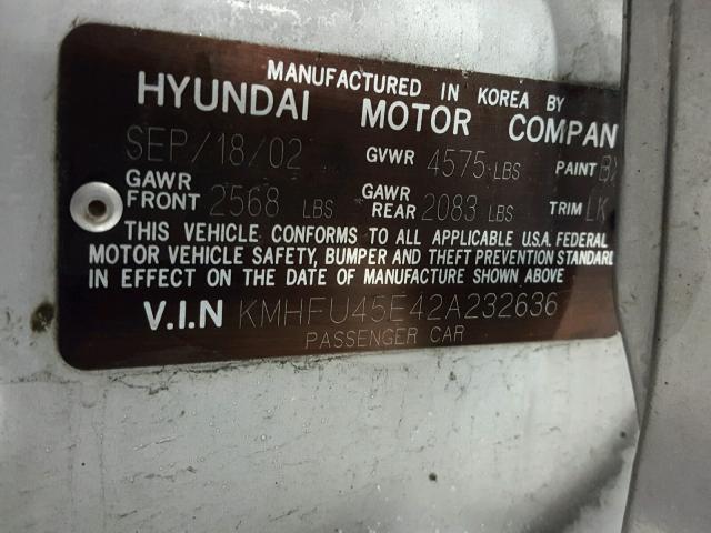 KMHFU45E42A232636 - 2002 HYUNDAI XG 350 SILVER photo 10