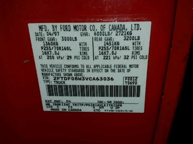 2FTDF08W3VCA63036 - 1997 FORD F150 RED photo 10