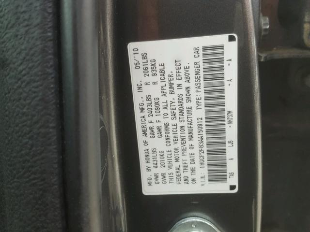 1HGCP2F83AA150912 - 2010 HONDA ACCORD EXL GRAY photo 10