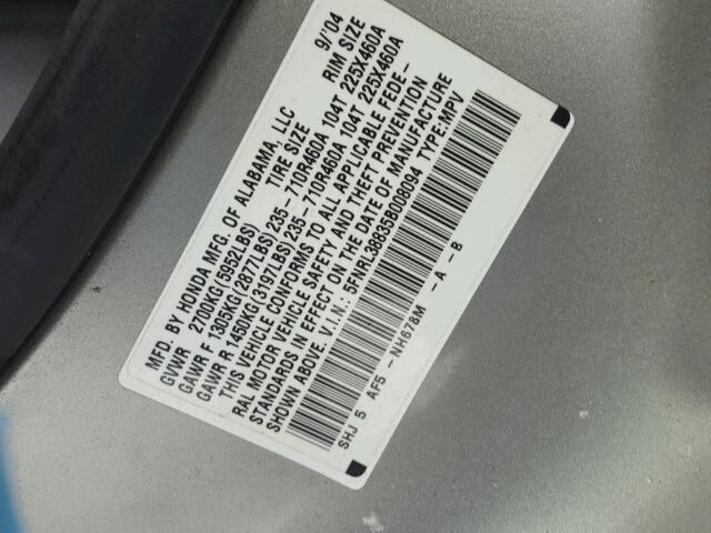 5FNRL38835B008094 - 2005 HONDA ODYSSEY TO SILVER photo 10