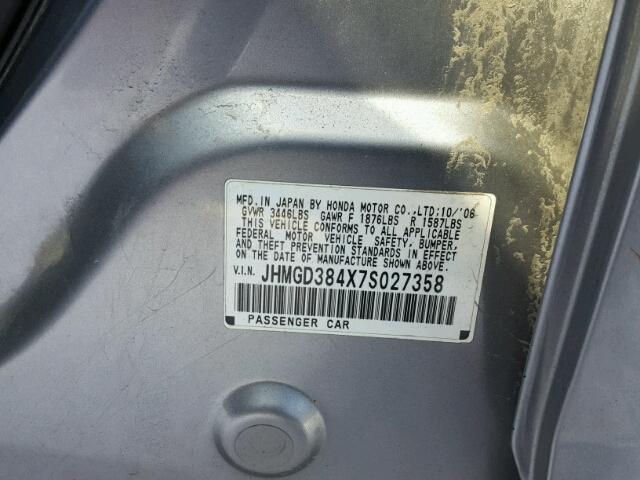 JHMGD384X7S027358 - 2007 HONDA FIT SILVER photo 10